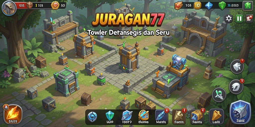 Gameplay seru JURAGAN77 dengan menara menghancurkan musuh.