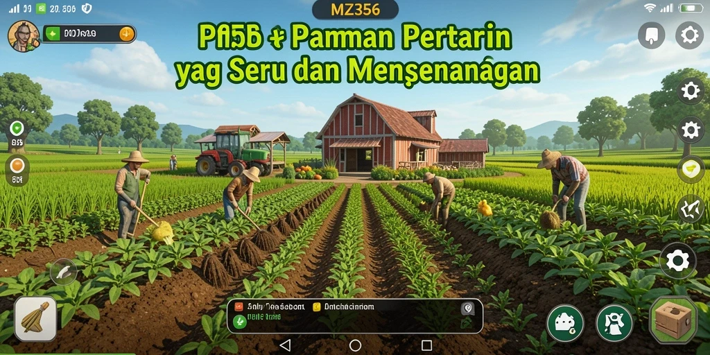 Tangkapan layar gameplay MZ356 yang menunjukkan kebun yang subur dan hewan ternak.